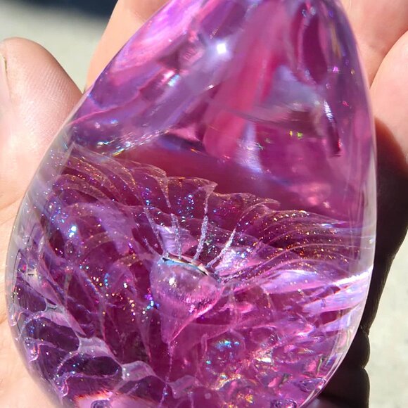 Pink/Purple Delicately Controlled Bubble Iridescent Flake Egg Shaped Art Glass - Picture 3 of 7